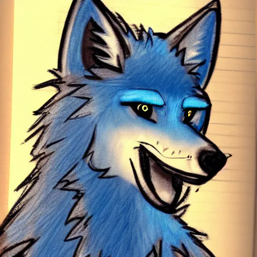 Prompt: portrait of an anthro furry fursona blue wolf with blue fur, handsome eyes, sketch doodles surrounding it, photo of notebook sketch