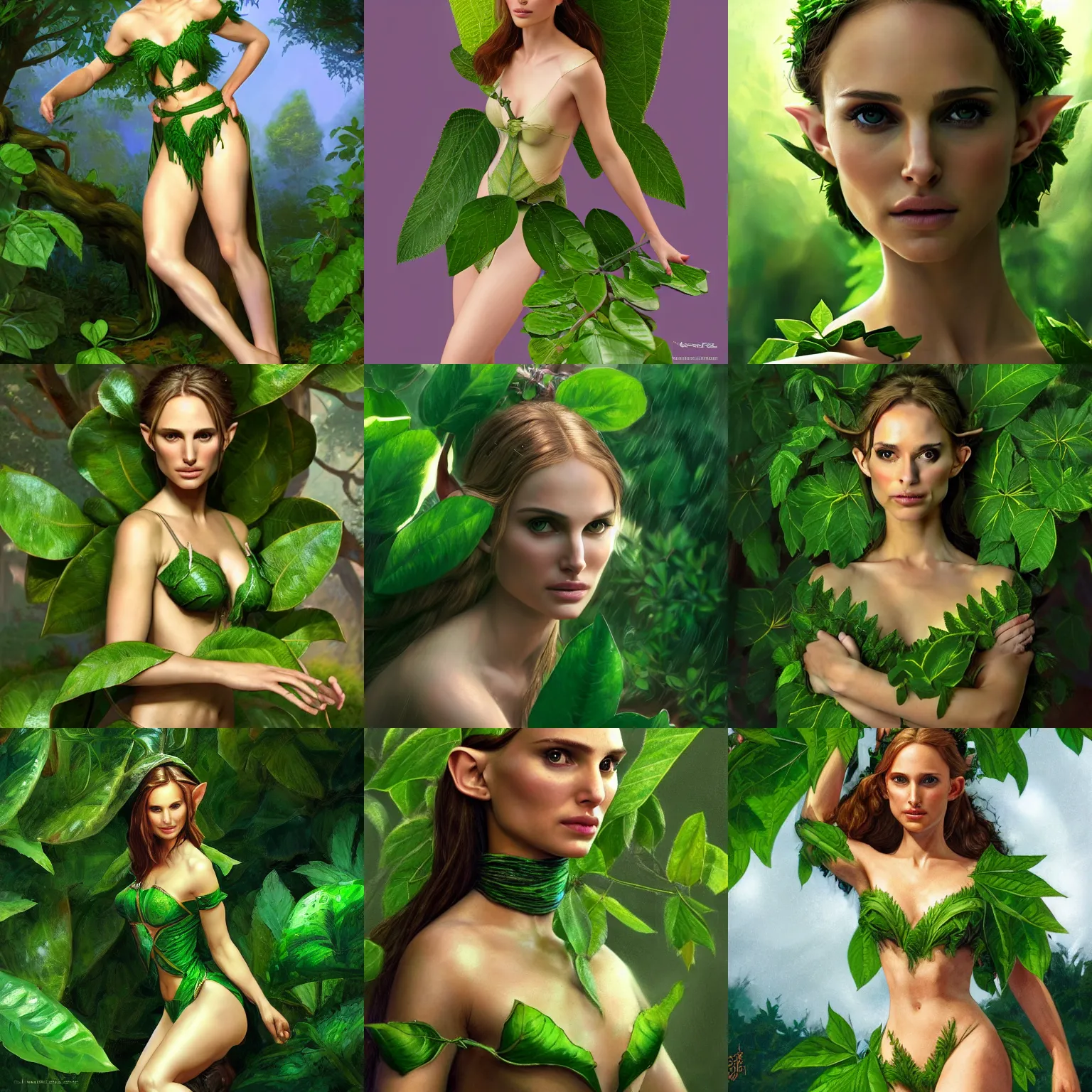 Prompt: a high-resolution photo of a beautiful elf girl (played by Natalie Portman) elegantly wrapped with green lush leaves, by Andrea Chiampo, artstation and Frederik Heyman, extremely detailed woman, stunning lighting, fantasy, 4k, scanned, by Larry Elmore, Copyright TSR 1989