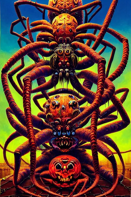 Image similar to a hyperrealistic painting of an epic boss fight against an ornate supreme evil arachnid overlord, cinematic horror by jimmy alonzo, the art of skinner, chris cunningham, lisa frank, richard corben, highly detailed, vivid color,