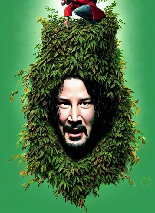 Image similar to highly detailed comedy caper movie poster with silly wacky zany keanu reeves as a sentient pile of leaves, keanu reeves green face as a sentient leafy bush by greg rutkowski, masterpiece, really funny, 1 0 / 1 0 comedy