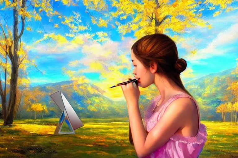 Image similar to girl, fantasy, painting, chrome, reflect, ultra realistic!!!, clear weather, golden hour, sharp focus