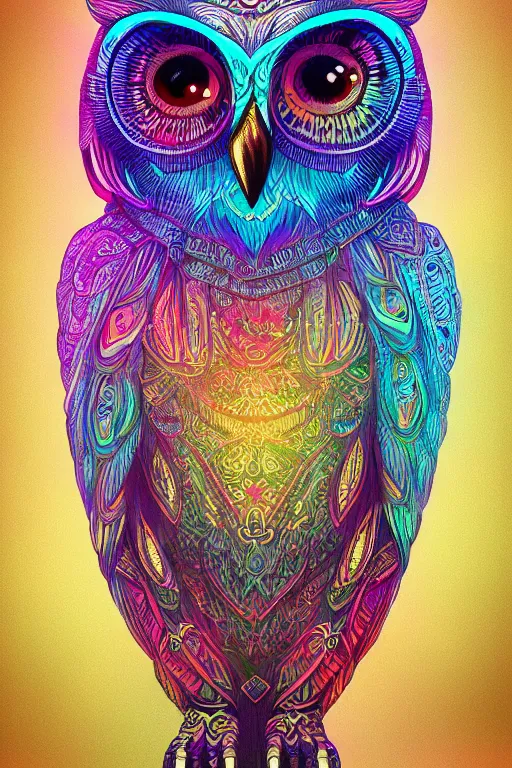 Image similar to glowing owl, beautiful colours, highly detailed, digital art, sharp focus, trending on art station