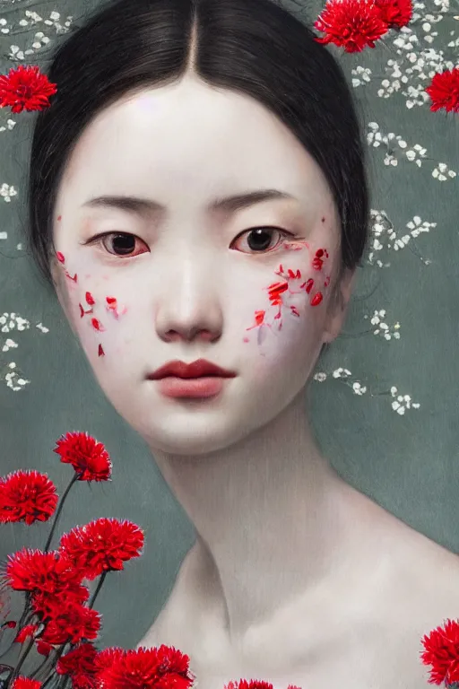 Prompt: hyperrealism close-up portrait of thousands crimson flowers merged with with young asian female, silver palette, pale skin, wearing dark silk, in style of classicism