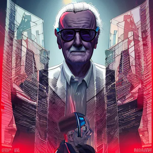 Prompt: cyberpunk stan lee as the leader of a futuristic communist nation, cybernetics, sharp lines, digital, artstation, colored in