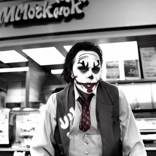 Image similar to joker 1 9 8 9 working in mcdonalds behind counter, facepaint coming off, movie still, dslr
