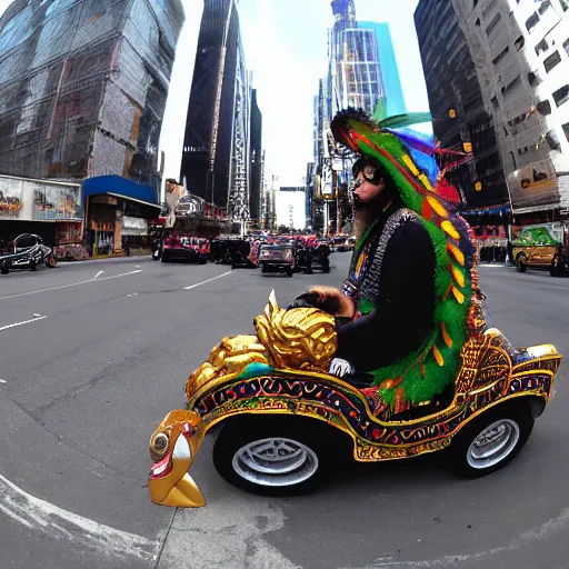 Image similar to wide angle 3 6 0 panoramic photo of an indigenous cholo shaman dressed with a quetzalcoatl feathered serpent riding a golden lowrider bike in manhattan