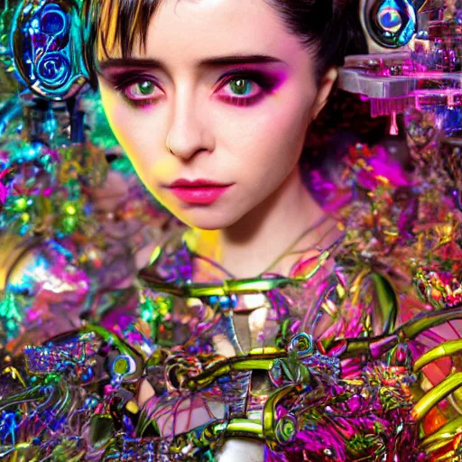 Image similar to Ethereal, mysterious stunning maximalist mesmerizing cyberpunk girl named Alessandra Torresani from the rainbow sky paradise, high-tech, professional high fashion model photo shoot, hyperdetailed by Mark Ryden and artgerm and Hiroyuki-Mitsume Takahashi, 35mm macro shot, hyperrealism, 8k resolution 3D