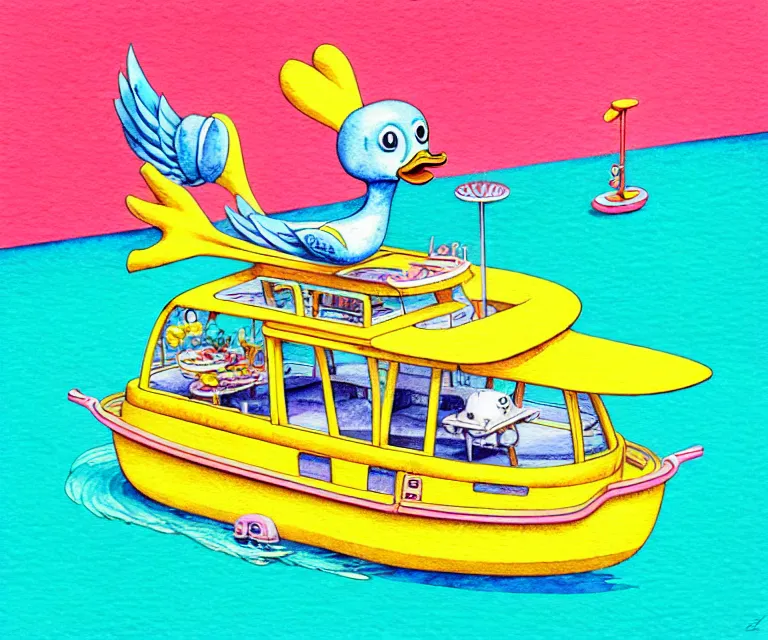 Image similar to cute and funny, duck riding in a tiny cruise ship, ratfink style by ed roth, centered award winning watercolor pen illustration, isometric illustration by chihiro iwasaki, edited by craola, tiny details by artgerm and watercolor girl, symmetrically isometrically centered