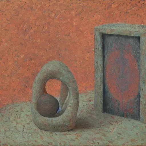 Prompt: a detailed, impasto painting by shaun tan and louise bourgeois of an abstract forgotten sculpture by ivan seal and the caretaker, 1 9 0 0