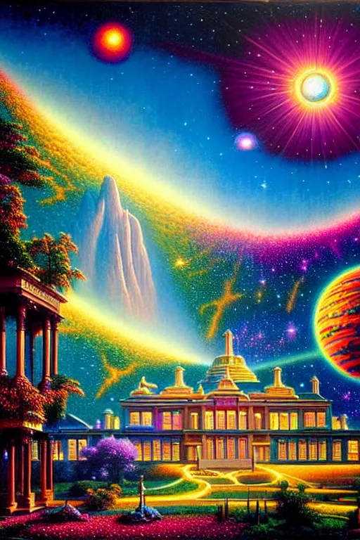 Prompt: a photorealistic detailed cinematic image of a beautiful vibrant iridescent future for human evolution, spiritual science, divinity, utopian, galaxies and universes, fantasy mansion, by david a. hardy, kinkade, lisa frank, wpa, public works mural, socialist