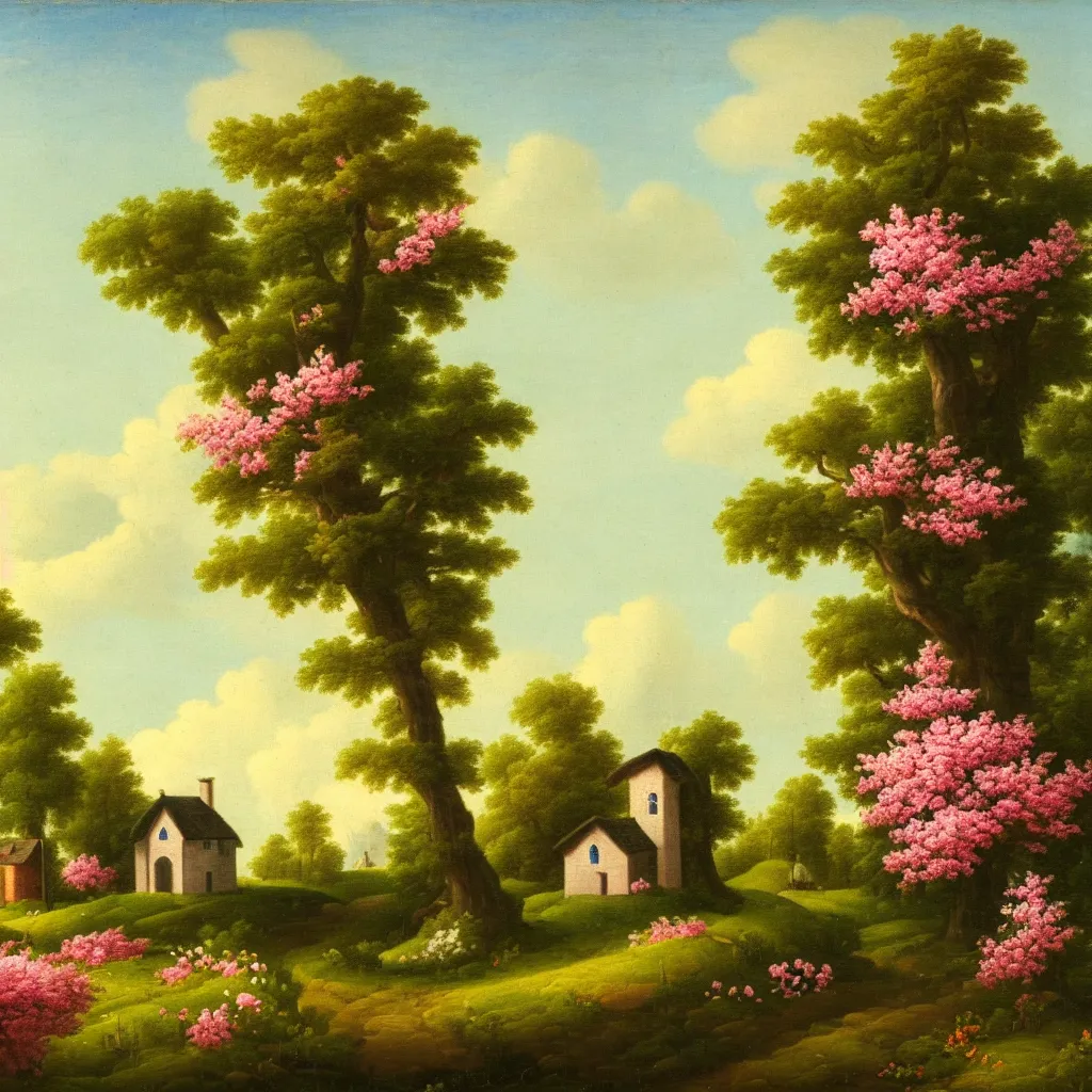 Prompt: a utopian landscape with flowering trees and a small cottage