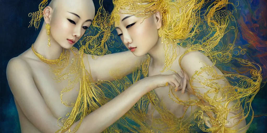 Image similar to asian nymph bald goddess, flowing golden silk twisting with whiten tattoos of cursive sigils on her opalescent skin, fantasy, intricate, very beautiful, elegant, golden light, highly detailed, oil painting by mai xuan thu