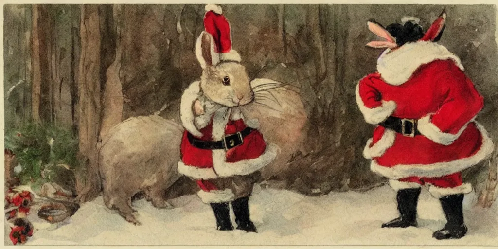 Image similar to a rabbit dressed as a swedish santa, christmas postcard, in the style of anders zorn