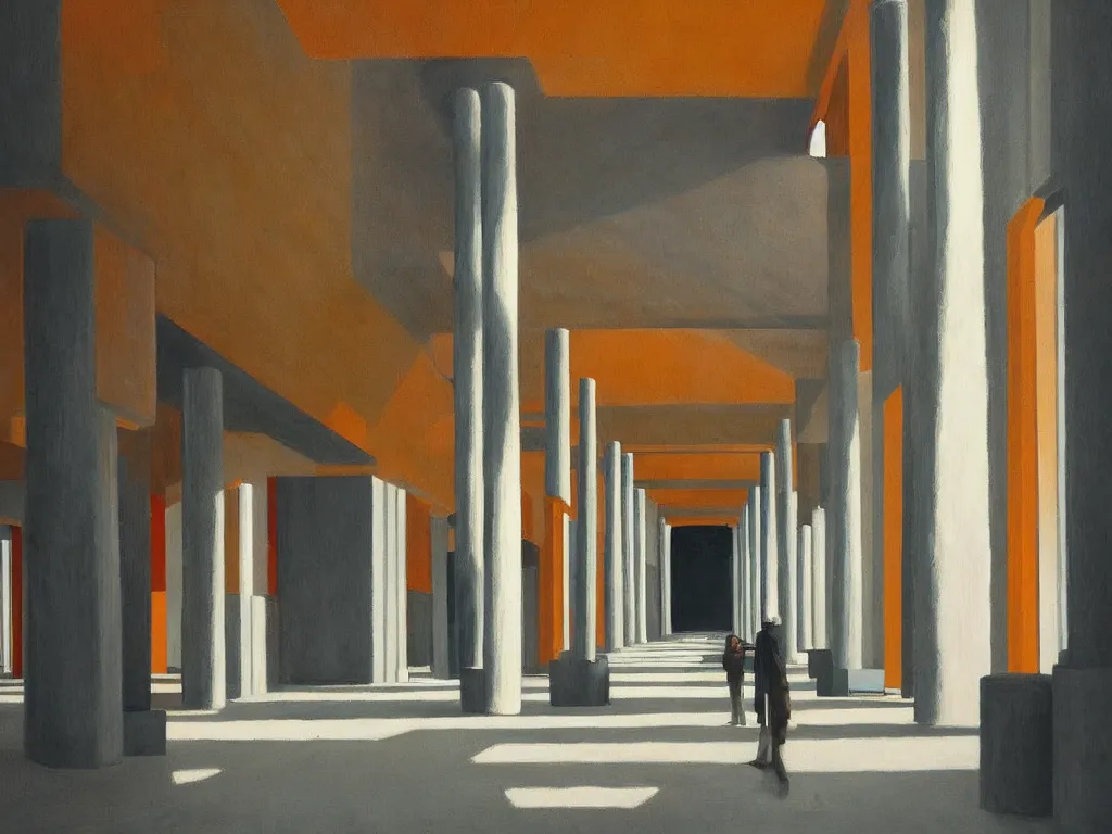 Image similar to colorful minimalist industrial interior hallway with monolithic pillars in the style of ridley scott and stanley kubrick, impossible architecture, ultra view angle view, lone person in the distance, realistic detailed painting by edward hopper