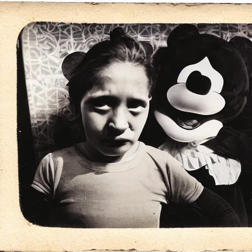 Image similar to depression - era photograph of mickey mouse and minnie mouse in the style of dorothea lange