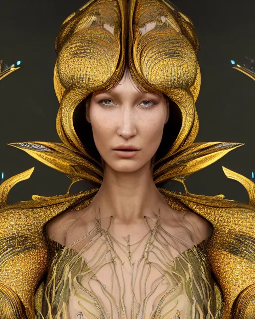 Prompt: a highly detailed metahuman 4 k close up render of an alien goddess bella hadid as alien in iris van herpen dress schiaparelli in diamonds crystals swarovski and jewelry in style of alphonse mucha gustav klimt trending on artstation made in unreal engine 4