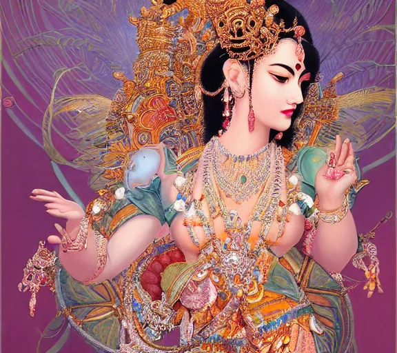 Image similar to breathtaking detailed concept art painting art deco pattern a beautiful devi goddess with shinny skin on sitted on an intricate metal throne, hands pressed together in bow, light - flowers with kind piercing eyes and blend of flowers and pearls, by hsiao - ron cheng and john james audubon, bizarre compositions, exquisite detail, extremely moody lighting, 8 k h 1 0 2 4