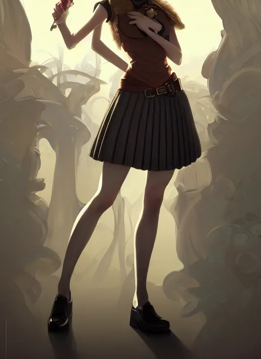 Image similar to portrait of a full body of beautiful young female detective, d & d, sleeveless turtleneck, pleated skirt, fantasy, flat lighting, intricate, highly detailed, digital painting, artstation, concept art, smooth, sharp focus, illustration, misa amane, art by simon bisley and greg rutkowski and alphonse mucha, natural tpose