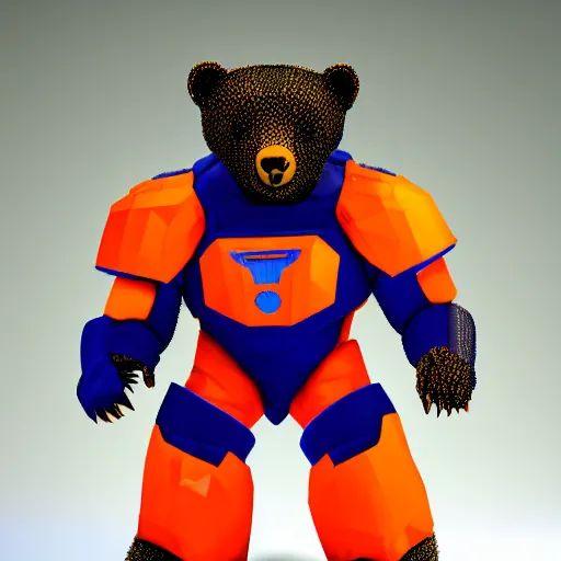 Prompt: A bear in orange and blue cyber armor facing you