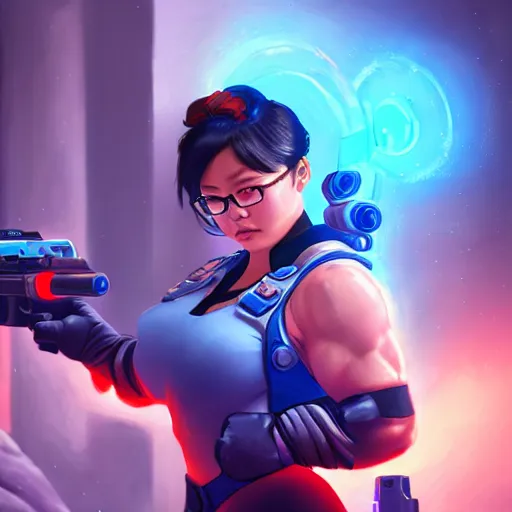 Image similar to a screenshot of arnold schwarzenegger as mei shooting frost gun in overwatch, portrait, fantasy, beautiful face, vivid colors, elegant, concept art, sharp focus, digital art, hyper - realistic, 4 k, unreal engine, highly detailed, hd, dramatic lighting by brom, trending on artstation