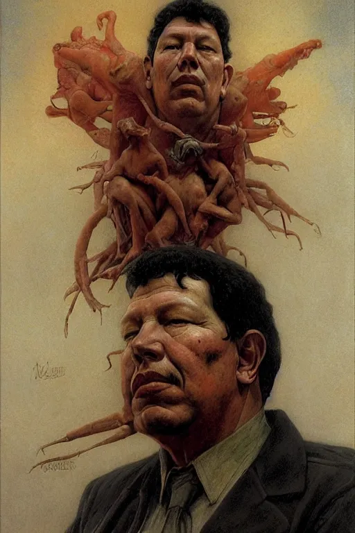 Image similar to a portrait of chavez by wayne barlowe, gustav moreau, goward,  Gaston Bussiere and roberto ferri, santiago caruso, and austin osman spare, occult art