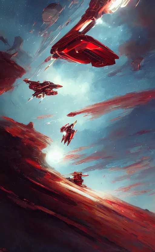 Prompt: a beautiful artwork illustration, a red metallic spaceship flying interstellar hyperdrive, by greg rutkowski and jesper ejsing and raymond swanland, featured on artstation, wide angle, vertical orientation