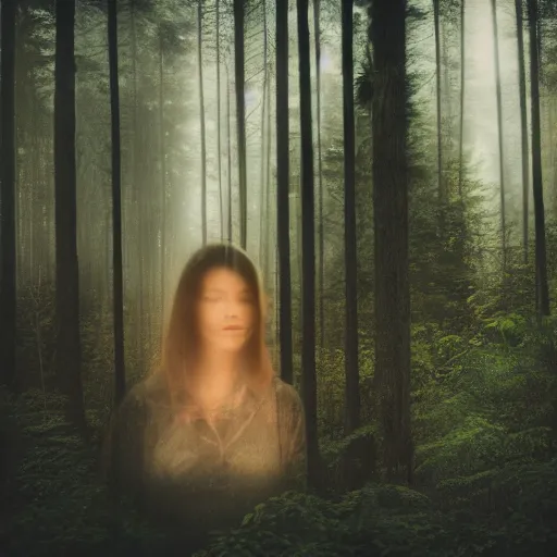 Image similar to woman in forest, double exposure photography, photorealistic, twilight, fog, haunted