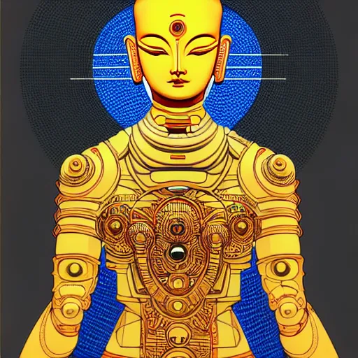 Prompt: vector line art cyberpunk cyborg tibetan multi armed bodhisattva, golden ratio, sharp linework, clean strokes, sharp edges, flat colors, cell shaded by moebius, Jean Giraud, trending on artstation