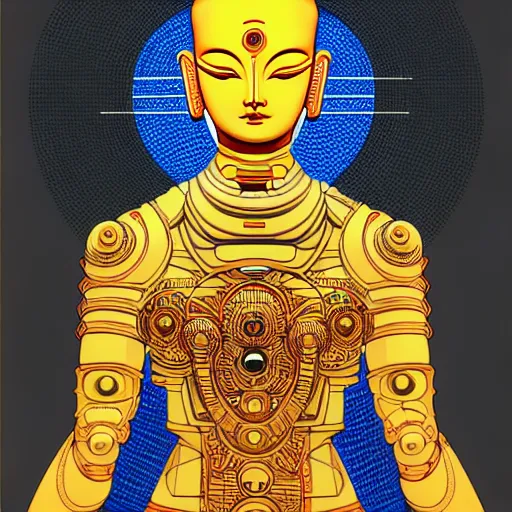 Image similar to vector line art cyberpunk cyborg tibetan multi armed bodhisattva, golden ratio, sharp linework, clean strokes, sharp edges, flat colors, cell shaded by moebius, Jean Giraud, trending on artstation