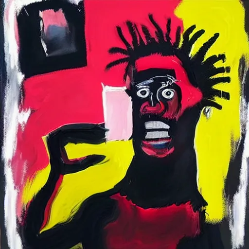 Image similar to A mirror selfie of a black handsome muscular man with white angel wings and black devil horns holding an iPhone, pitchfork, full body, pink background, abstract jean-Michel Basquiat!!!!!!!! oil painting with thick paint strokes!!!!!!!!, oil on canvas, aesthetic, y2k!!!!!!, intricately!!!!!!!! detailed artwork!!!!!!!, trending on artstation, in the style of jean-Michel Basquiat!!!!!!!!!!!!, by jean-Michel Basquiat!!!!!!!!!!!, in the style of jean-Michel Basquiat!!!!!!!!!!!, in the style of jean-Michel Basquiat!!!!!!!!!!!, in the style of jean-Michel Basquiat!!!!!!!!!!!, in the style of jean-Michel Basquiat!!!!!!!!!!!, in the style of jean-Michel Basquiat!!!!!!!!!!!