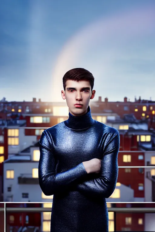 Image similar to un ultra high definition studio quality photographic art portrait of a young man standing on the rooftop of a british apartment building wearing soft padded silver pearlescent clothing. three point light. extremely detailed. golden ratio, ray tracing, volumetric light, shallow depth of field. set dressed.