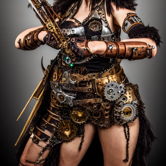 Prompt: full length portrait photograph of a real-life beautiful woman clockpunk warrior. Extremely detailed. 8k