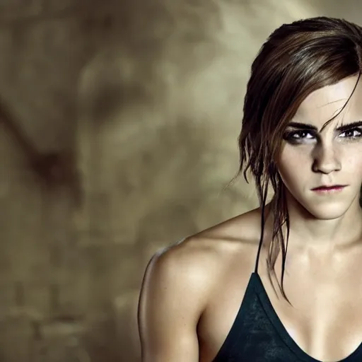 Image similar to Emma Watson full shot modeling as Lara Croft, (EOS 5DS R, ISO100, f/8, 1/125, 84mm, postprocessed, crisp face, facial features)