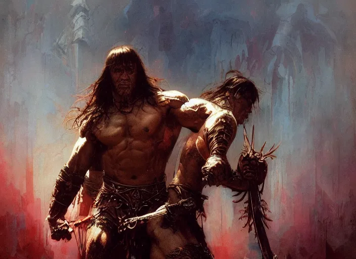 Image similar to conan the barbarian, intricate, elegant, highly detailed, vivid colors, john park, frazetta, sparth, ruan jia, jeffrey catherine jones