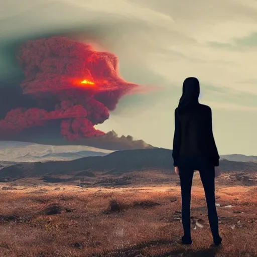 Prompt: beautiful woman looking at giant nuclear explosion, trending on artstation, epic, cinematic