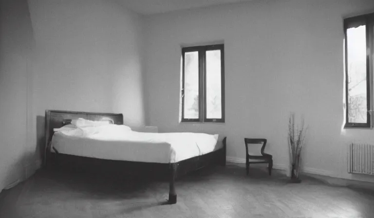 Image similar to A bedroom designed by Marcel Duchamp, 35mm film, long shot