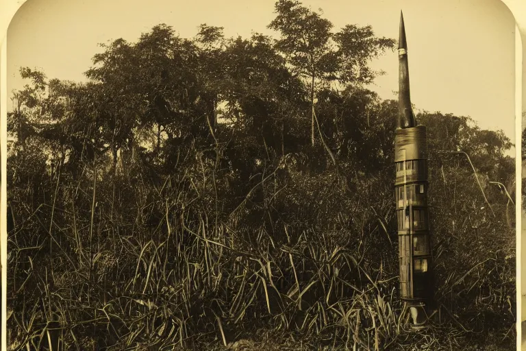 Prompt: a 1 9 0 5 colonial closeup photograph of a wooden moon rocket in a village at the river bank of congo, thick jungle, scary, evil looking, wide angle shot