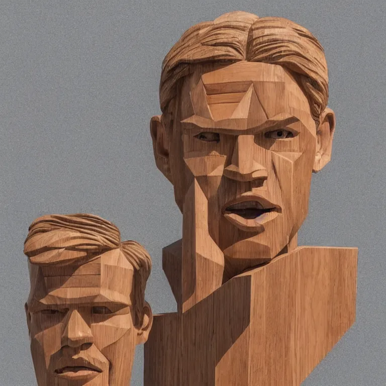 Image similar to 2 0 0 ft sculpture geometric minimalist!!! accurate portrait of chris hemsworth, beautiful symmetrical!! face accurate face detailed face realistic proportions, hand - carved out of red oak wood on a pedestal by stephan balkenhol and martin puryear, cinematic lighting shocking detail 8 k