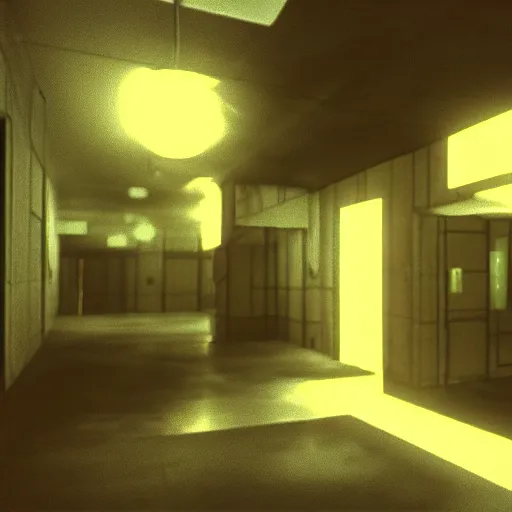 Image similar to noisy color photograph of a retrofuturist liminal space, dark pit, minimalist, cinematic, soft vintage glow, PS2 in-game screenshot