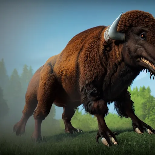 Image similar to A mix of a bison and a tyrannosaurus rex, highly detailed, 8k, Unreal Engine render