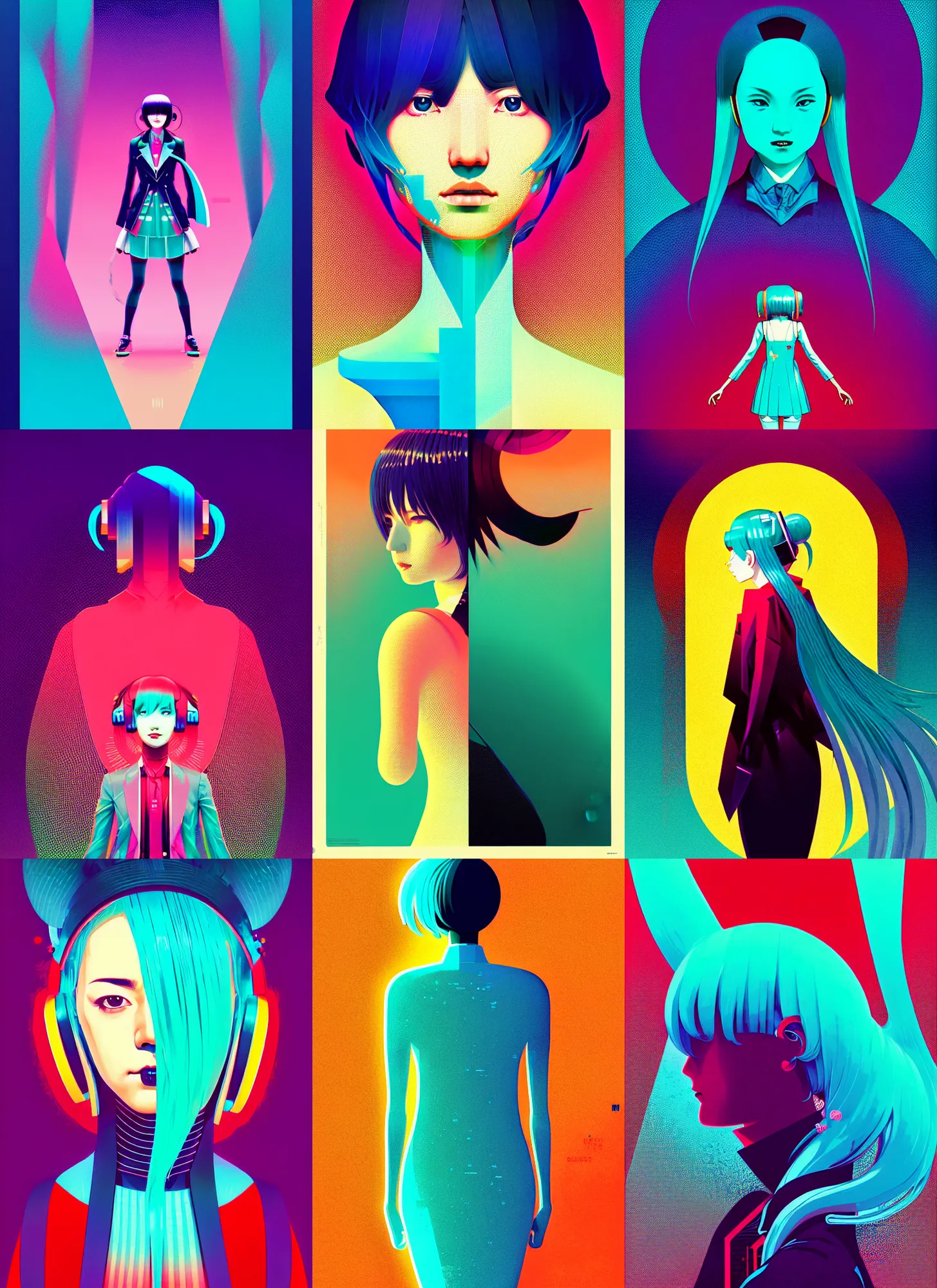 Prompt: ( ( dither ) ), editorial illustration portrait of hatsune miku, dynamic pose, modern art deco, colorful, ( ( mads berg ) ), christopher balaskas, victo ngai, rich grainy texture, detailed, dynamic composition, wide angle, moebius, matte print