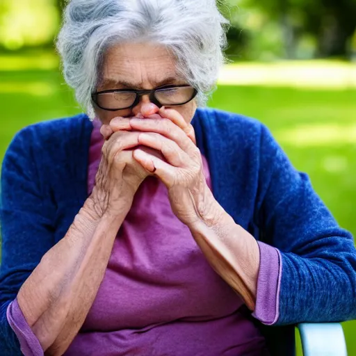 Prompt: an older woman with copd sitting in a park on oxygen, 4 k,