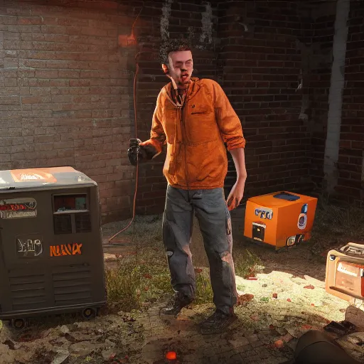 Image similar to rex orange county as a survivor on dead by daylight fixing a generator, highly detailed, octane render, rendered in unreal engine 5, 8 k, hyperrealistic, trending on artstation