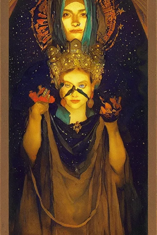 Image similar to queen of the darkness with her lantern and her stars, by Annie Swynnerton and Nicholas Roerich and Vermeer, strong dramatic cinematic lighting , ornate headdress , lost civilizations, smooth, sharp focus, extremely detailed