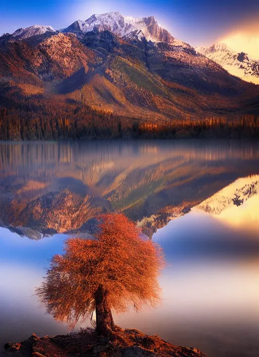 Prompt: landscape photography by marc adamus dead tree in the foreground mountains lake