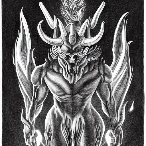 Image similar to turned three quarter view, full body shot of hoofed demon with horns in asymmetric pose, engulfed in flames, detailed greyscale drawing by Dominik Mayer