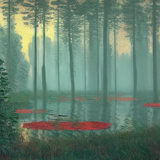 Prompt: A forest lake by Simon Stålenhag and Claude Monet