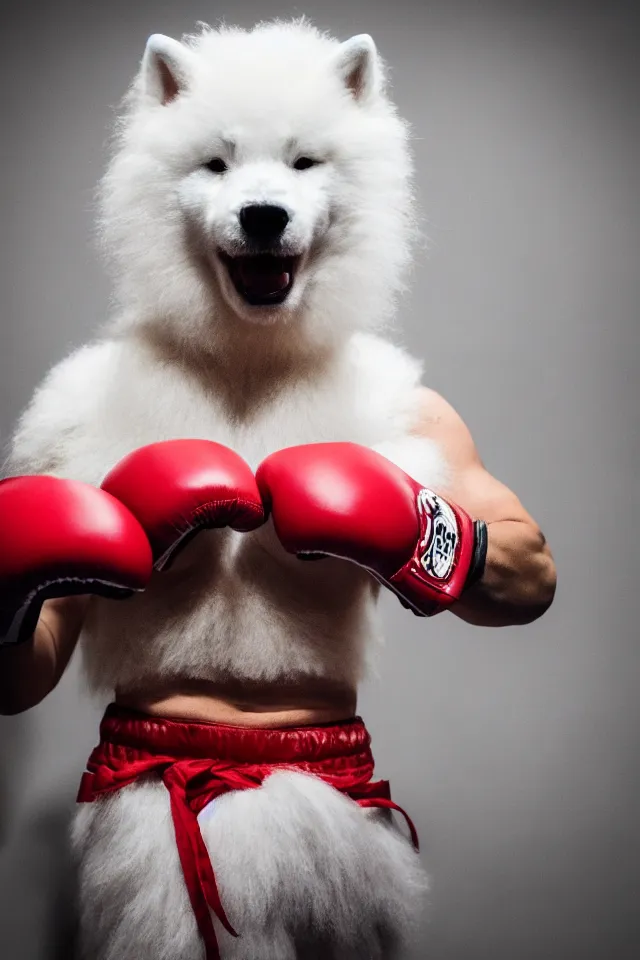 Prompt: samoyed dog head on a human body as a muay thai kickboxer, gloves on hands, world championship fight, cinematic lighting, film still