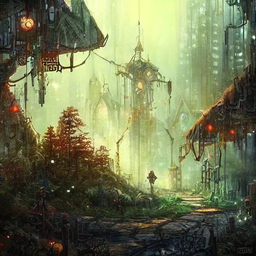 Prompt: A village in fairy tale forest in the style of cyberpunk in the style of dark fantasy art Trending on artstation DeviantArt Pinterest detailed realistic HD 8k High Resolution