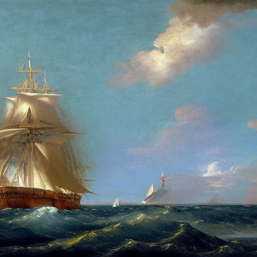 Prompt: clouds made out of the universe with luminous skies and a ship sailing in the distance, fitz Henry lane, painting, detailed